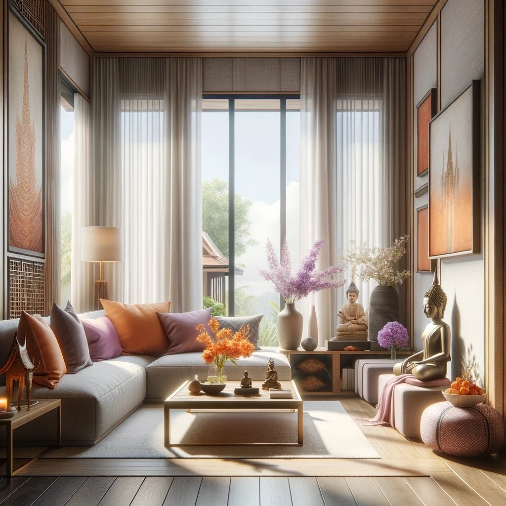 Modern Thai-style lounge room impeccably cleaned by THAIDY Cleaning Services, showcasing elegance and attention to detail